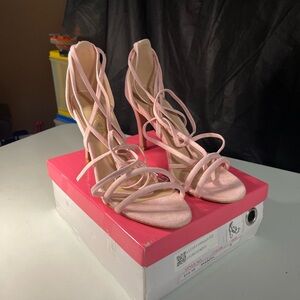 Sz 9  ALLEGRA K Women's Strappy Straps Lace Up Chunky Heels, Baby Pink Preowned